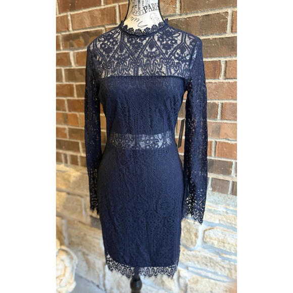 Lulus Dresses & Skirts - Lulus Navy‎ Lace Dress Long Sleeve Midi Cocktail Party SZ S